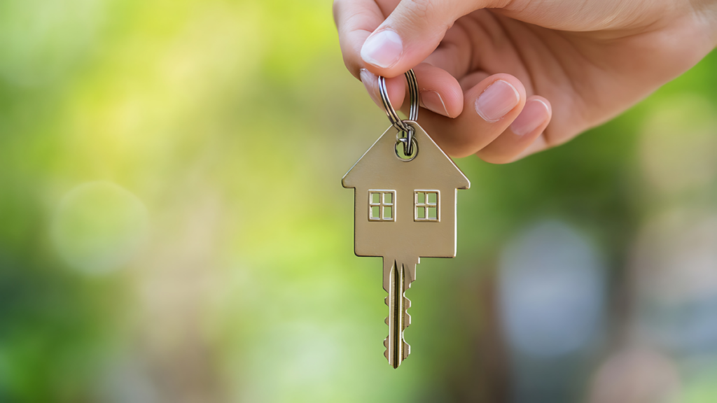 A house key with a keychain, representing the successful mortgage completion for our clients in Rugby.